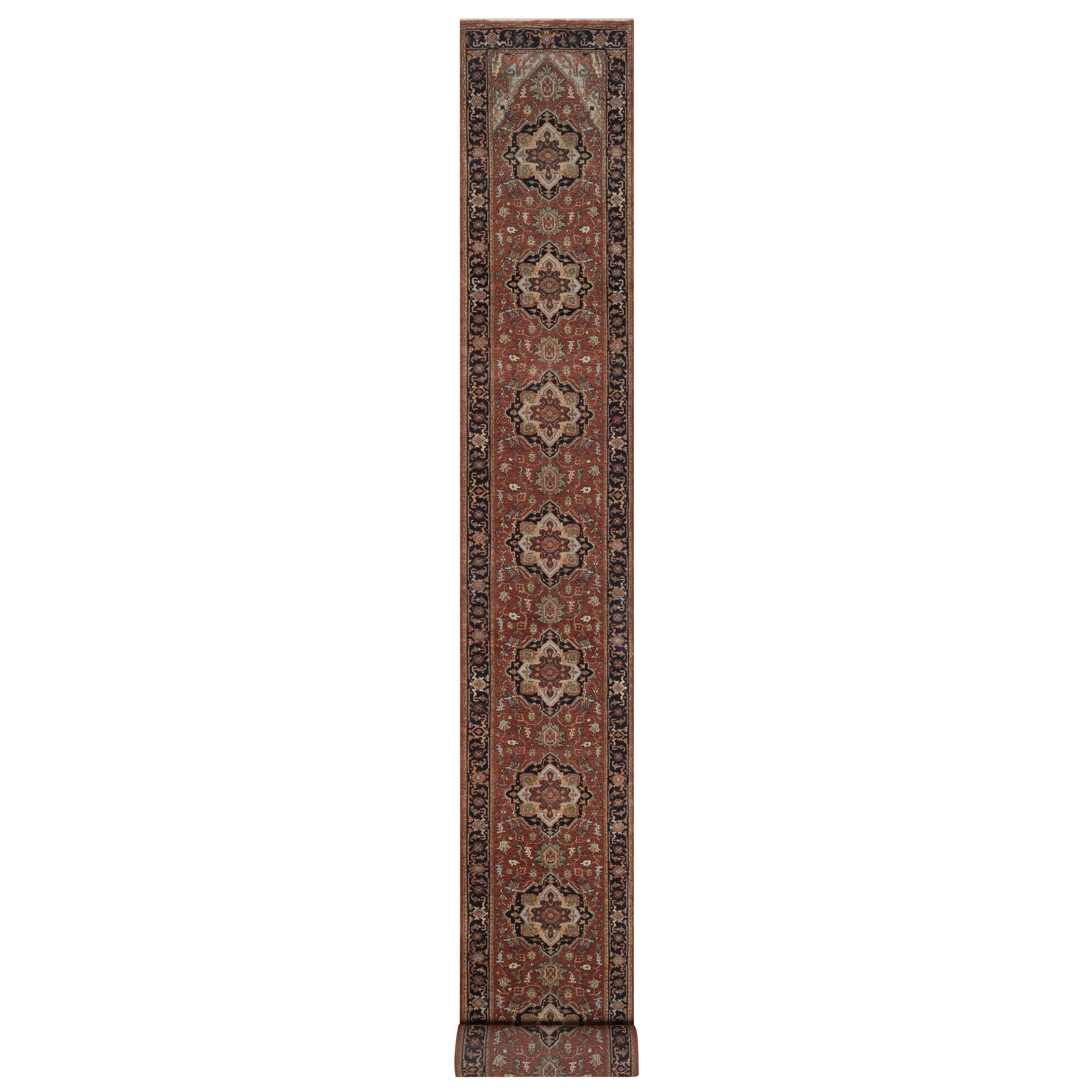 2'7"x27'8" Barn Red, Antiqued Fine Heriz Re-Creation, Medallions Design, Hand Knotted, Hand Spun New Zealand Wool, Denser Weave, Soft Pile, Vegetable Dyes, XL Runner, Oriental Rug 